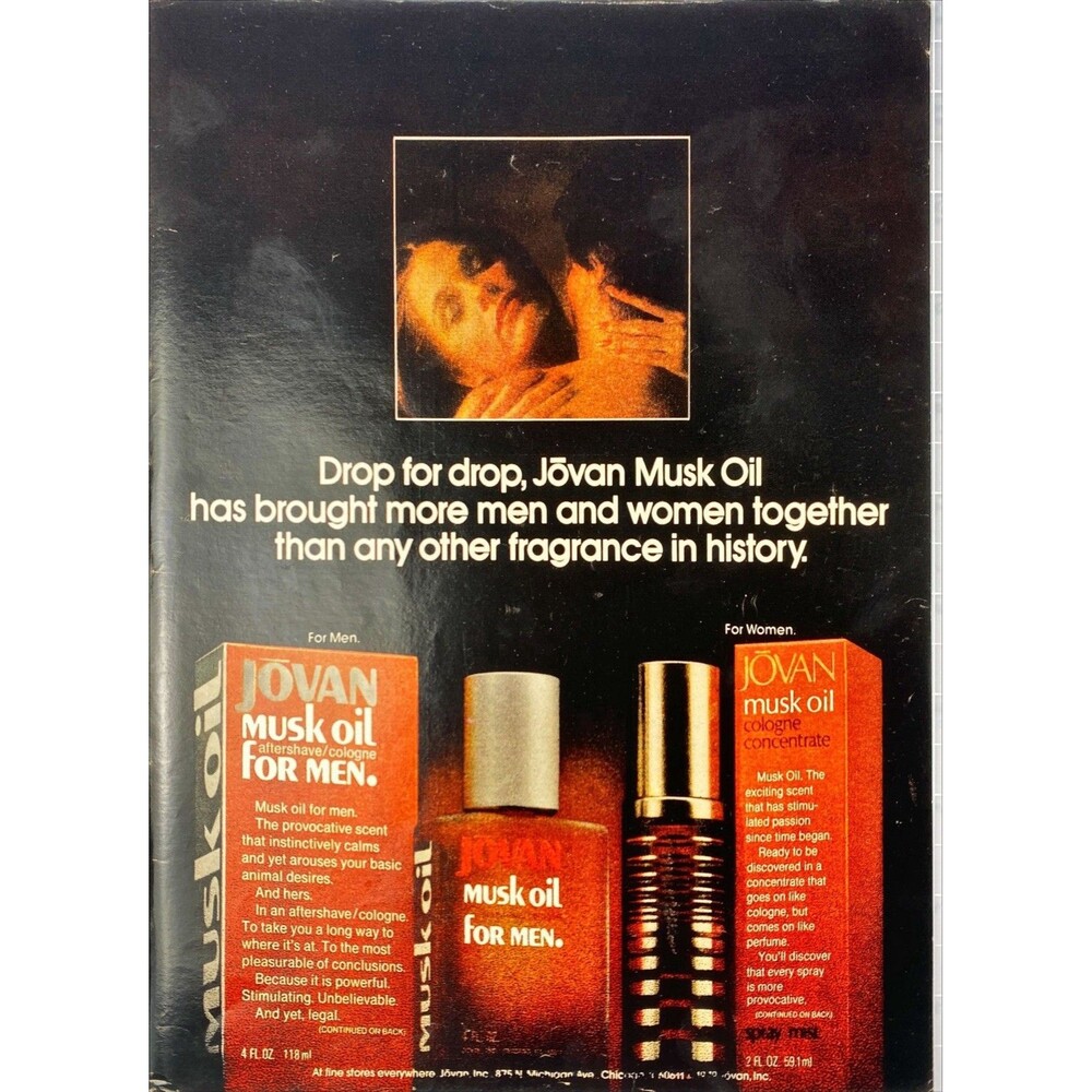 Jovan Musk Oil "Drop for Drop Brought More Men & Women Together" Vtg Ad Playboy